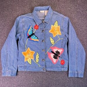White Stag Denim Jacket‎ Womens Small (4/6) Butterfly Applique Cottagecore Jean